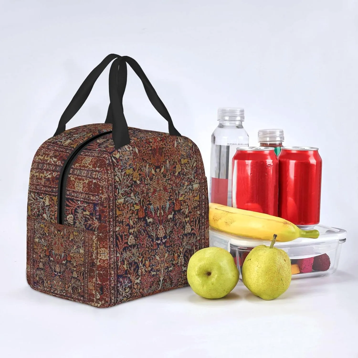 Persian Vintage Antique Carpet Nature Fine Art Reusable Insulated Lunch Bag, 8.5"x8"x5"/22x20x13 cm, Unisex, Polyester