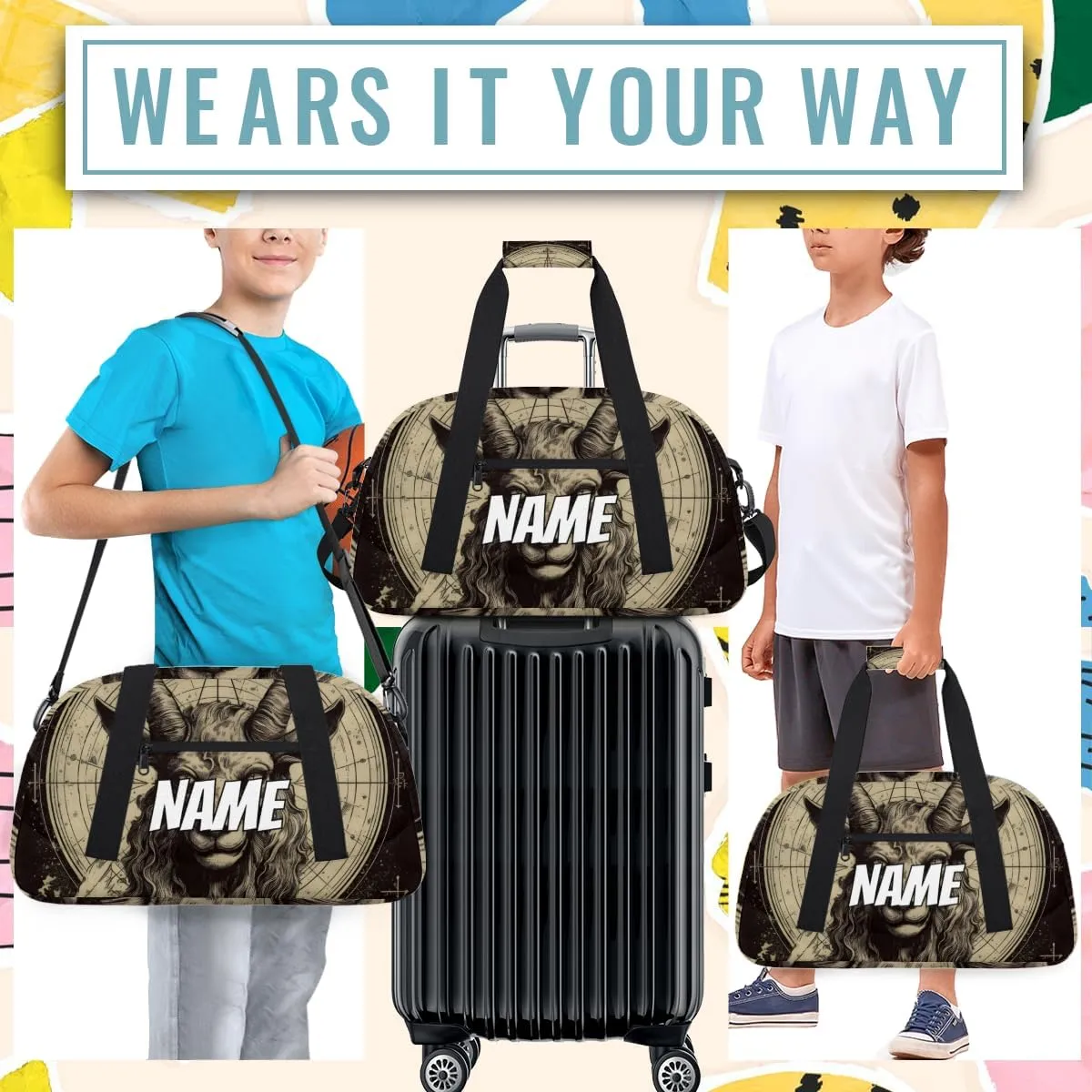 Personalized Custom Gym Bag for Women Men Carry on Goat Head Travel Duffel Tote Gothic Retro Overnight Workout Weekender Bag
