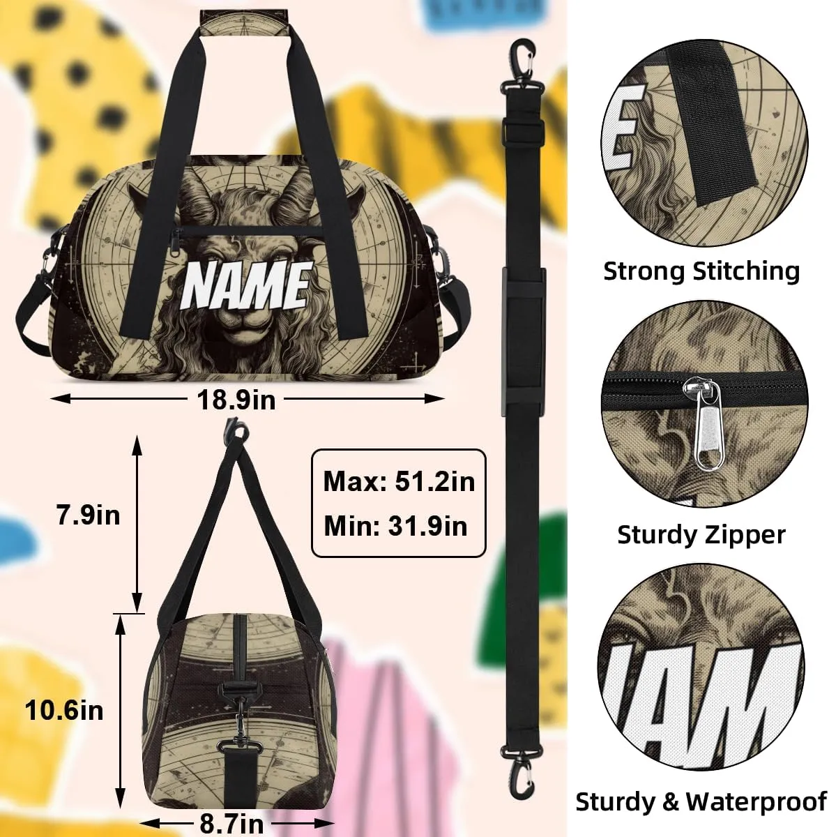 Personalized Custom Gym Bag for Women Men Carry on Goat Head Travel Duffel Tote Gothic Retro Overnight Workout Weekender Bag