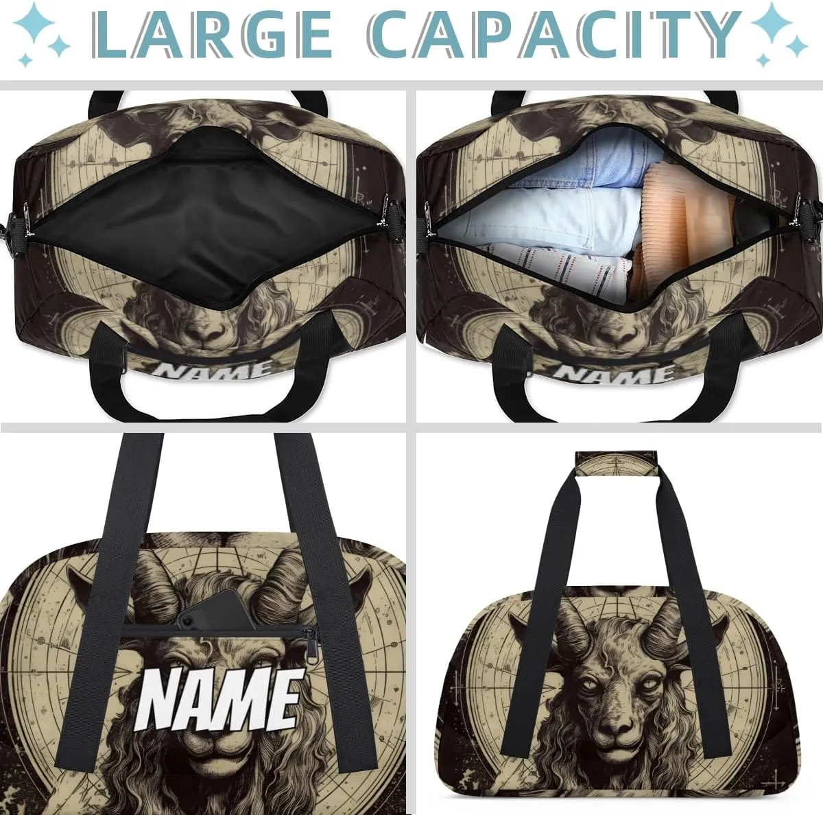Personalized Custom Gym Bag for Women Men Carry on Goat Head Travel Duffel Tote Gothic Retro Overnight Workout Weekender Bag