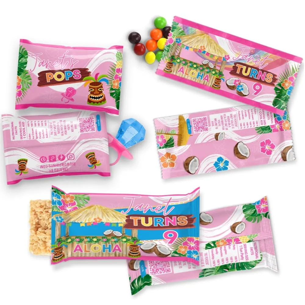 Personalized Hawaiian Theme Candy Wrappers, Custom Treat Bag Party Favors, Luau Party Decor, Tropical Birthday Supplies, Paradise Oasis, Girls Pink Summer Pool Party Tableware, Tiki Hut, Hibiscus