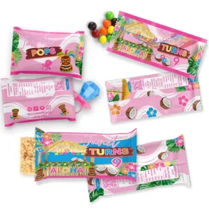 Personalized Hawaiian Theme Candy Wrappers, Custom Treat Bag Party Favors, Luau Party Decor, Tropical Birthday Supplies, Paradise Oasis, Girls Pink Summer Pool Party Tableware, Tiki Hut, Hibiscus