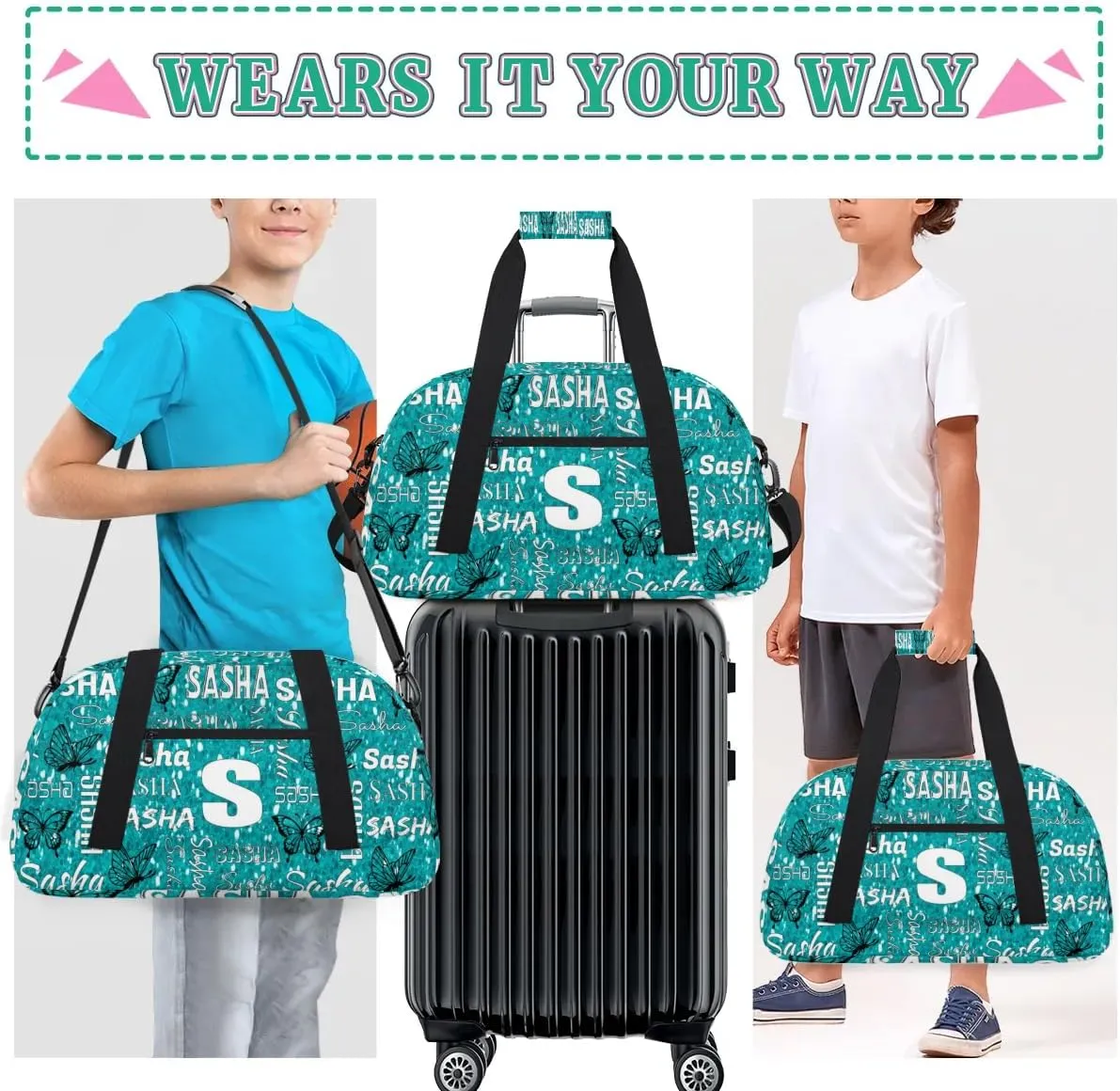 Personalized Initials Duffel Bags for Women, Custom Sport Duffel Bag with Name, Butterfly Print Overnight Carry-On Bag Weekender Bags, Green Pattern Custom Gifts