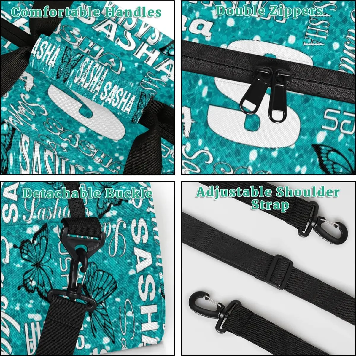 Personalized Initials Duffel Bags for Women, Custom Sport Duffel Bag with Name, Butterfly Print Overnight Carry-On Bag Weekender Bags, Green Pattern Custom Gifts