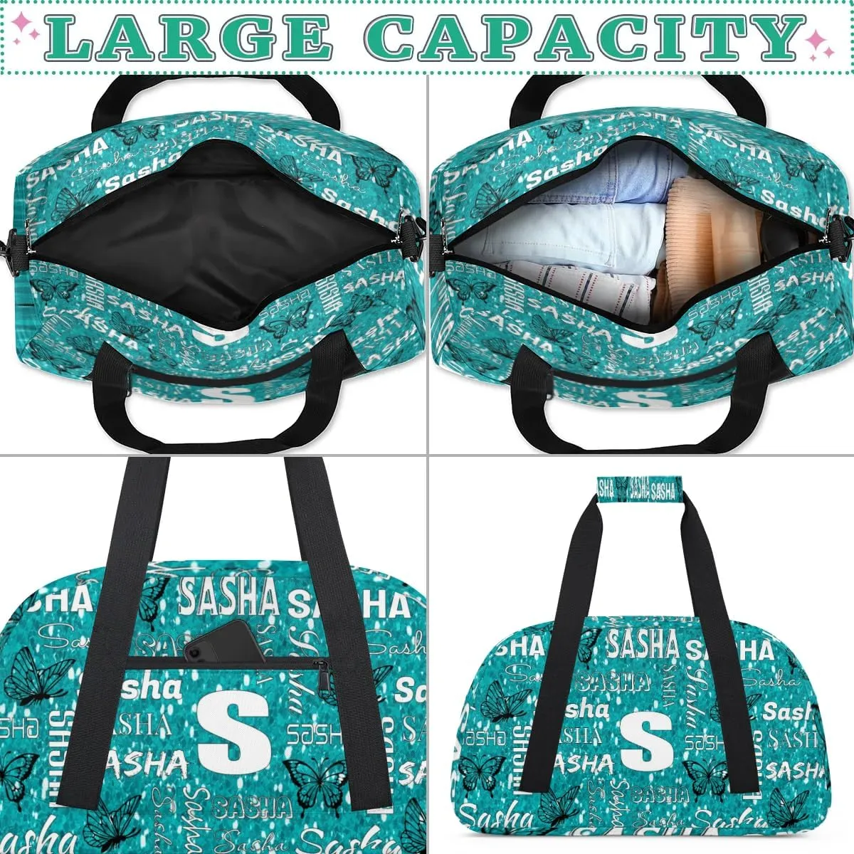Personalized Initials Duffel Bags for Women, Custom Sport Duffel Bag with Name, Butterfly Print Overnight Carry-On Bag Weekender Bags, Green Pattern Custom Gifts