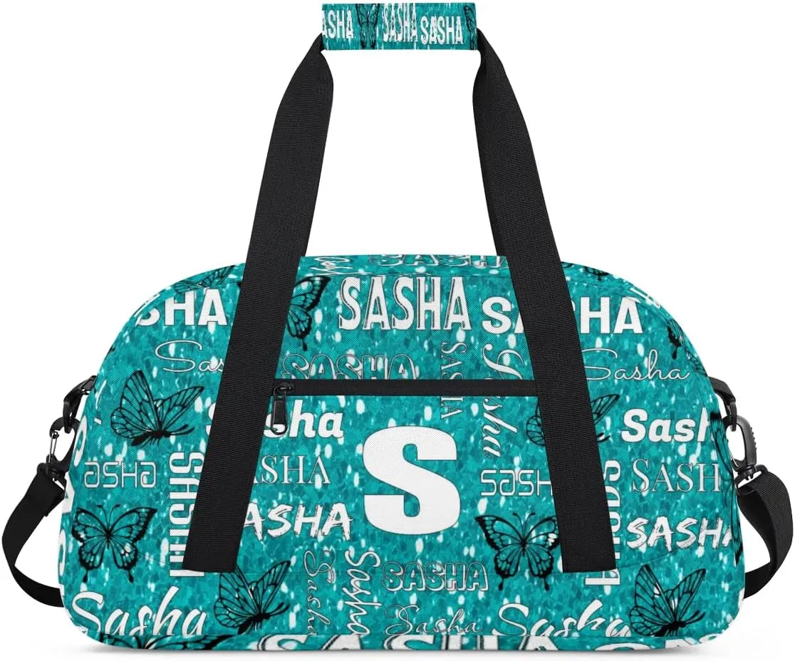 Personalized Initials Duffel Bags for Women, Custom Sport Duffel Bag with Name, Butterfly Print Overnight Carry-On Bag Weekender Bags, Green Pattern Custom Gifts