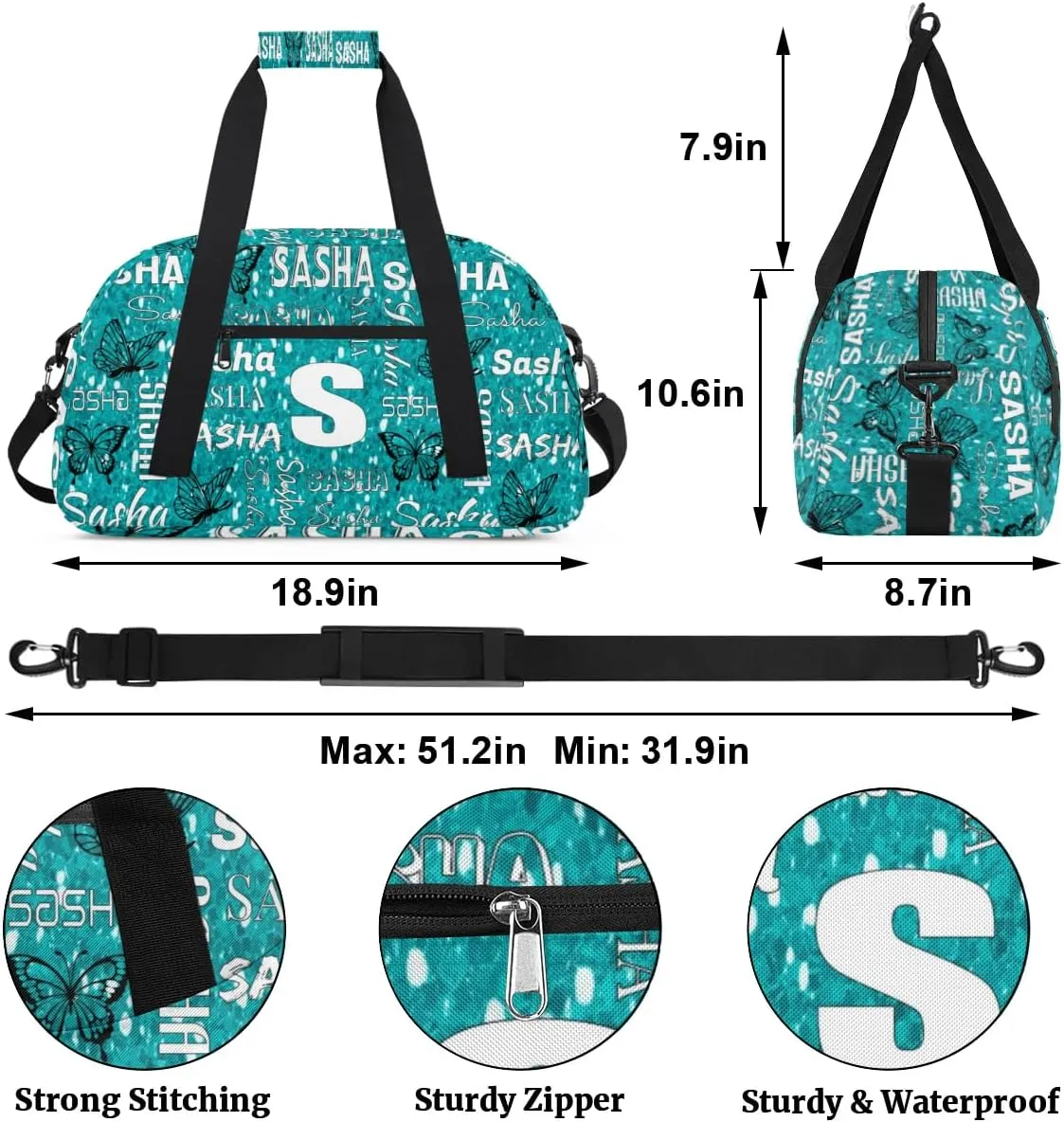 Personalized Initials Duffel Bags for Women, Custom Sport Duffel Bag with Name, Butterfly Print Overnight Carry-On Bag Weekender Bags, Green Pattern Custom Gifts