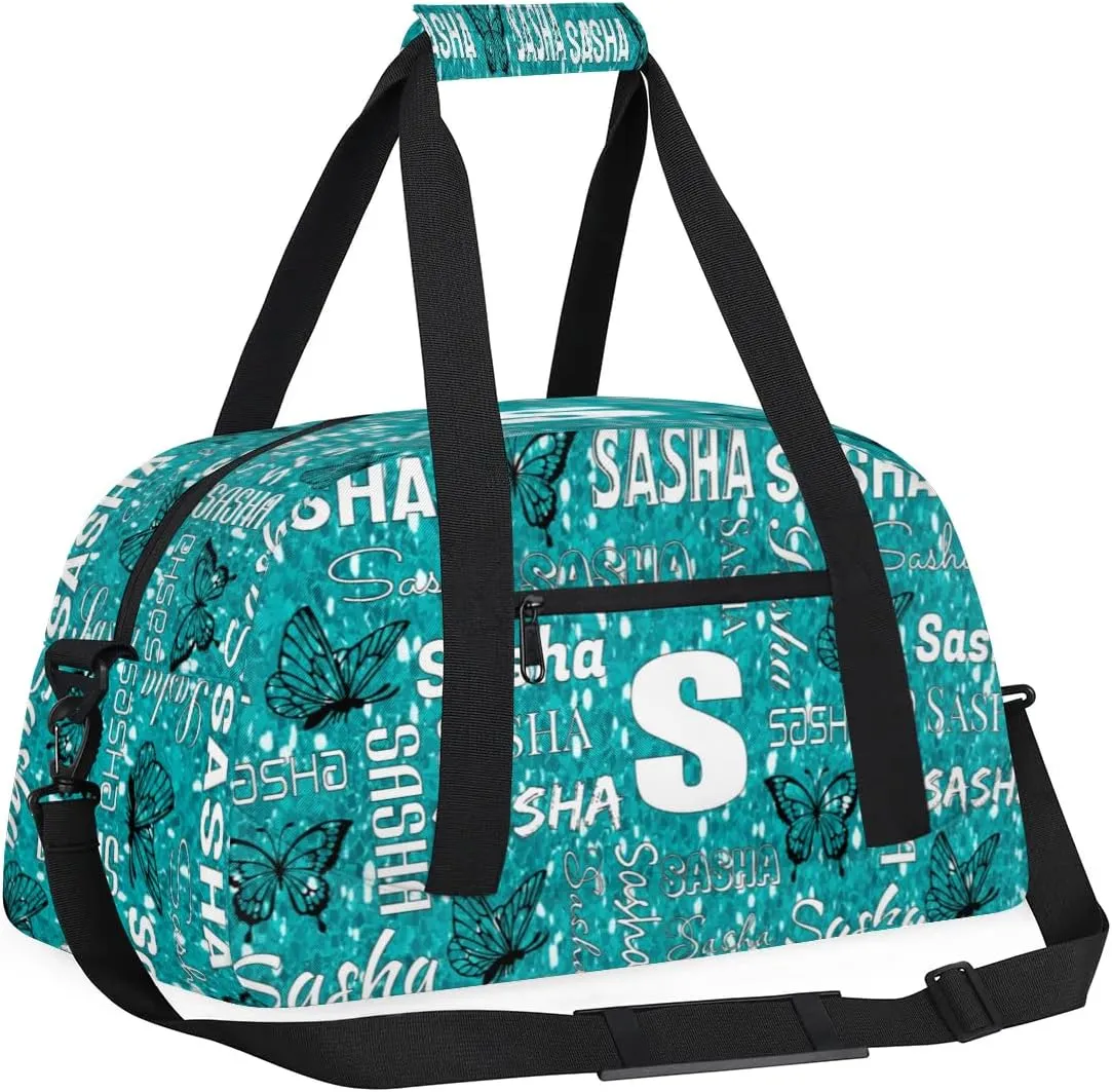 Personalized Initials Duffel Bags for Women, Custom Sport Duffel Bag with Name, Butterfly Print Overnight Carry-On Bag Weekender Bags, Green Pattern Custom Gifts