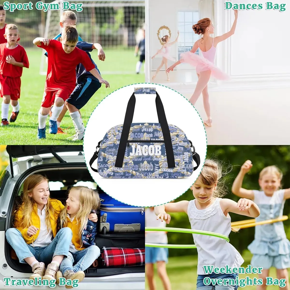 Personalized Name Sports Bag, Gym Dance Duffel Bag Sleepover Weekender Training Bags Travel Duffel Bag, Creative Rope Pattern Light Blue