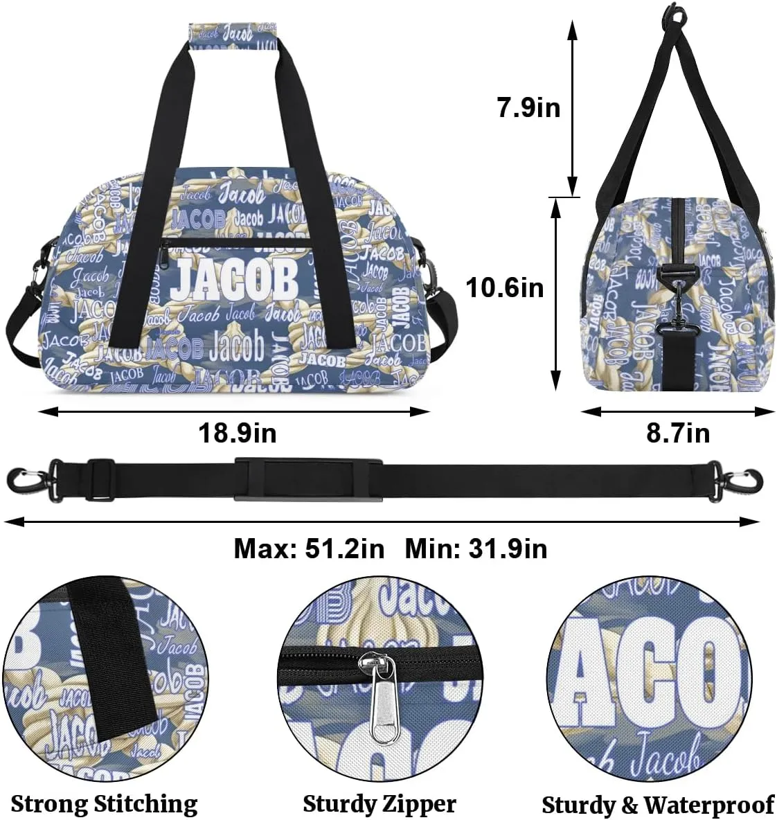 Personalized Name Sports Bag, Gym Dance Duffel Bag Sleepover Weekender Training Bags Travel Duffel Bag, Creative Rope Pattern Light Blue