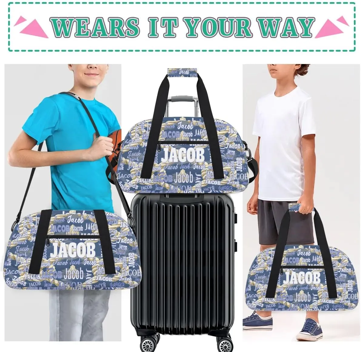 Personalized Name Sports Bag, Gym Dance Duffel Bag Sleepover Weekender Training Bags Travel Duffel Bag, Creative Rope Pattern Light Blue