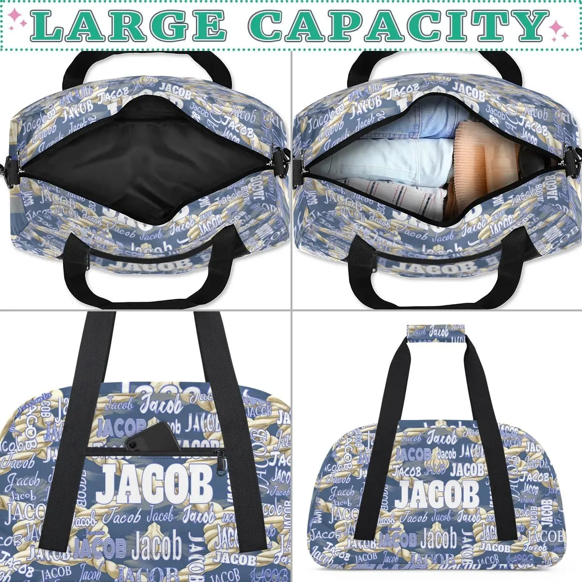 Personalized Name Sports Bag, Gym Dance Duffel Bag Sleepover Weekender Training Bags Travel Duffel Bag, Creative Rope Pattern Light Blue