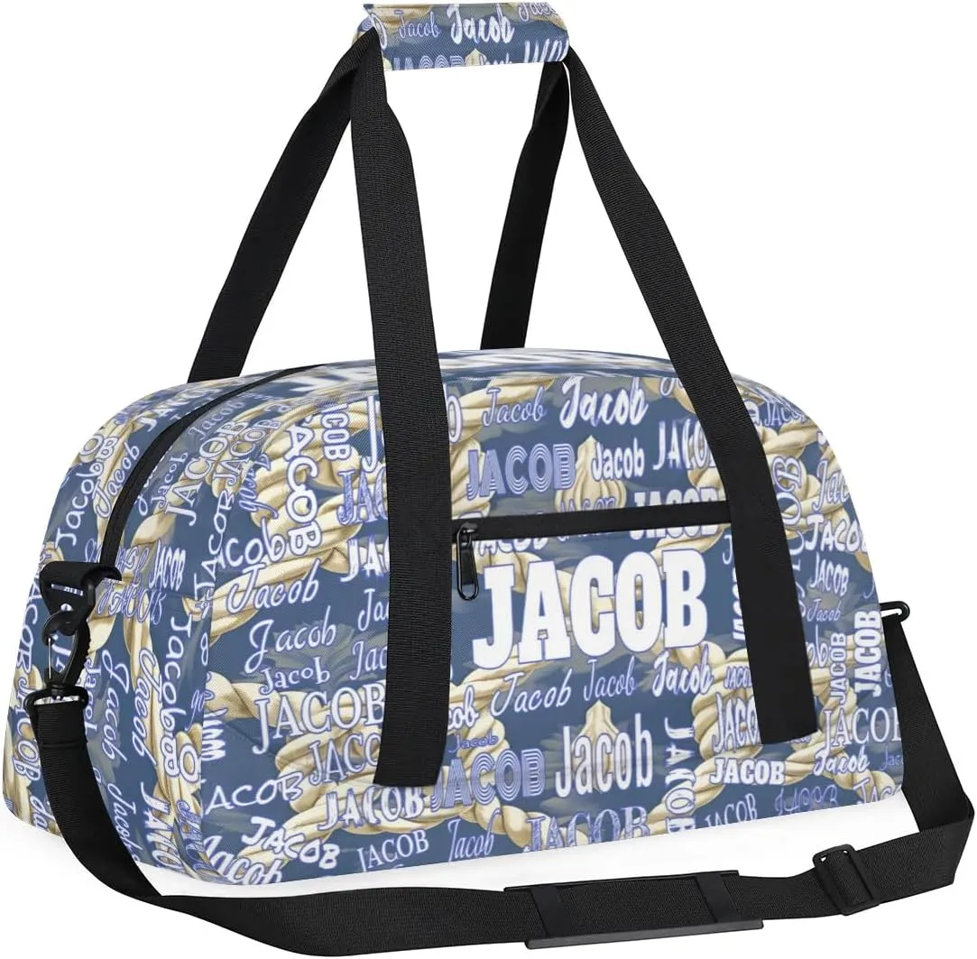 Personalized Name Sports Bag, Gym Dance Duffel Bag Sleepover Weekender Training Bags Travel Duffel Bag, Creative Rope Pattern Light Blue