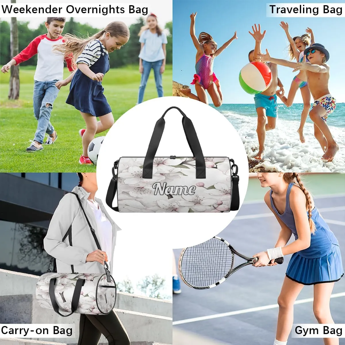 Personalized Sport Gym Bag Dance Duffle Ballet Bag Overnight Travel Sleepover Bags Swimming Hiking Camping, Cherry Blossoms Tree Prints