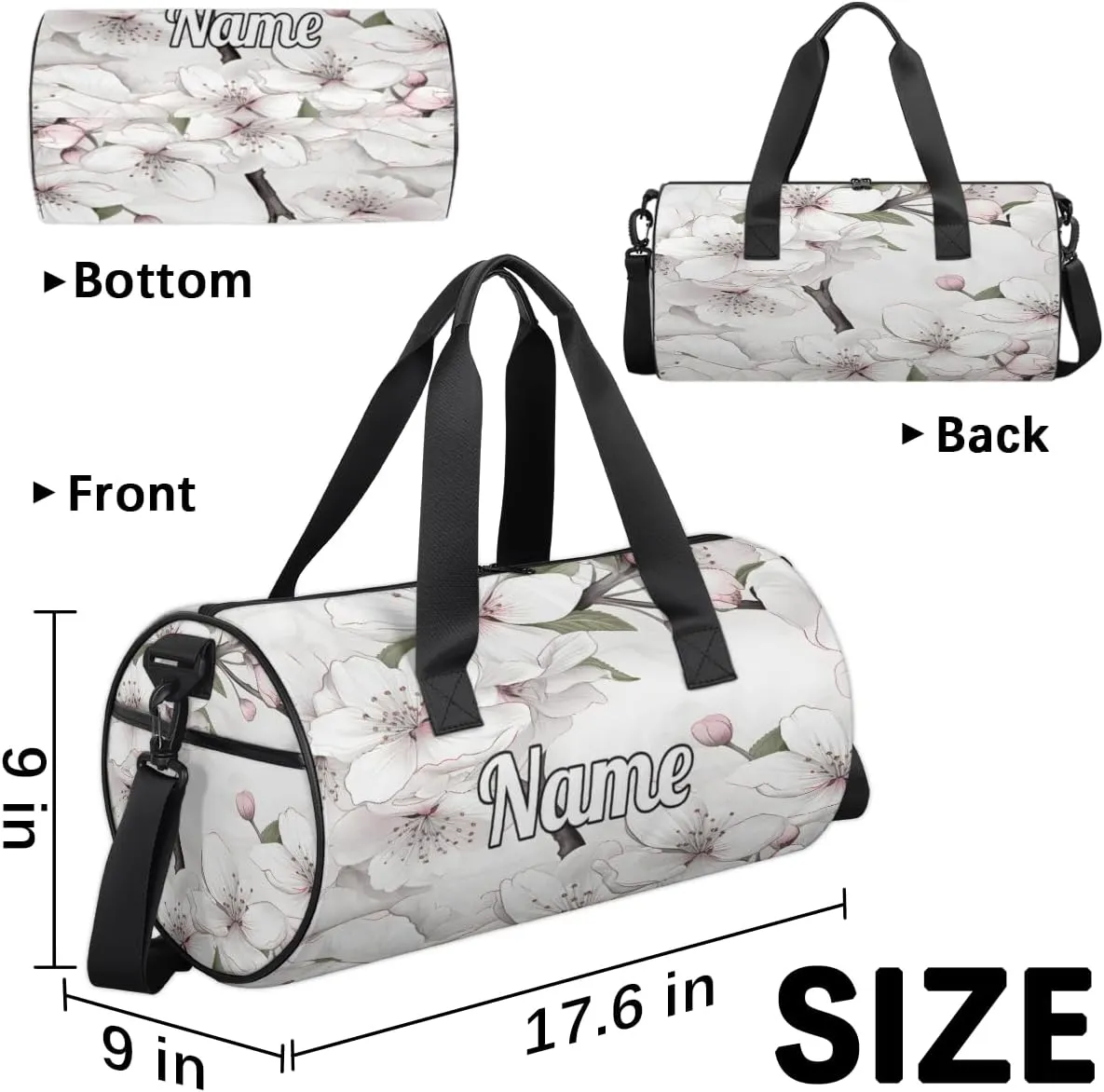 Personalized Sport Gym Bag Dance Duffle Ballet Bag Overnight Travel Sleepover Bags Swimming Hiking Camping, Cherry Blossoms Tree Prints