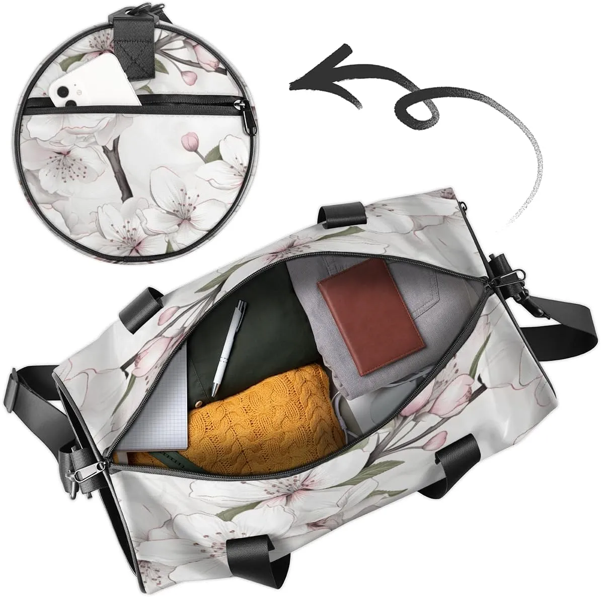 Personalized Sport Gym Bag Dance Duffle Ballet Bag Overnight Travel Sleepover Bags Swimming Hiking Camping, Cherry Blossoms Tree Prints