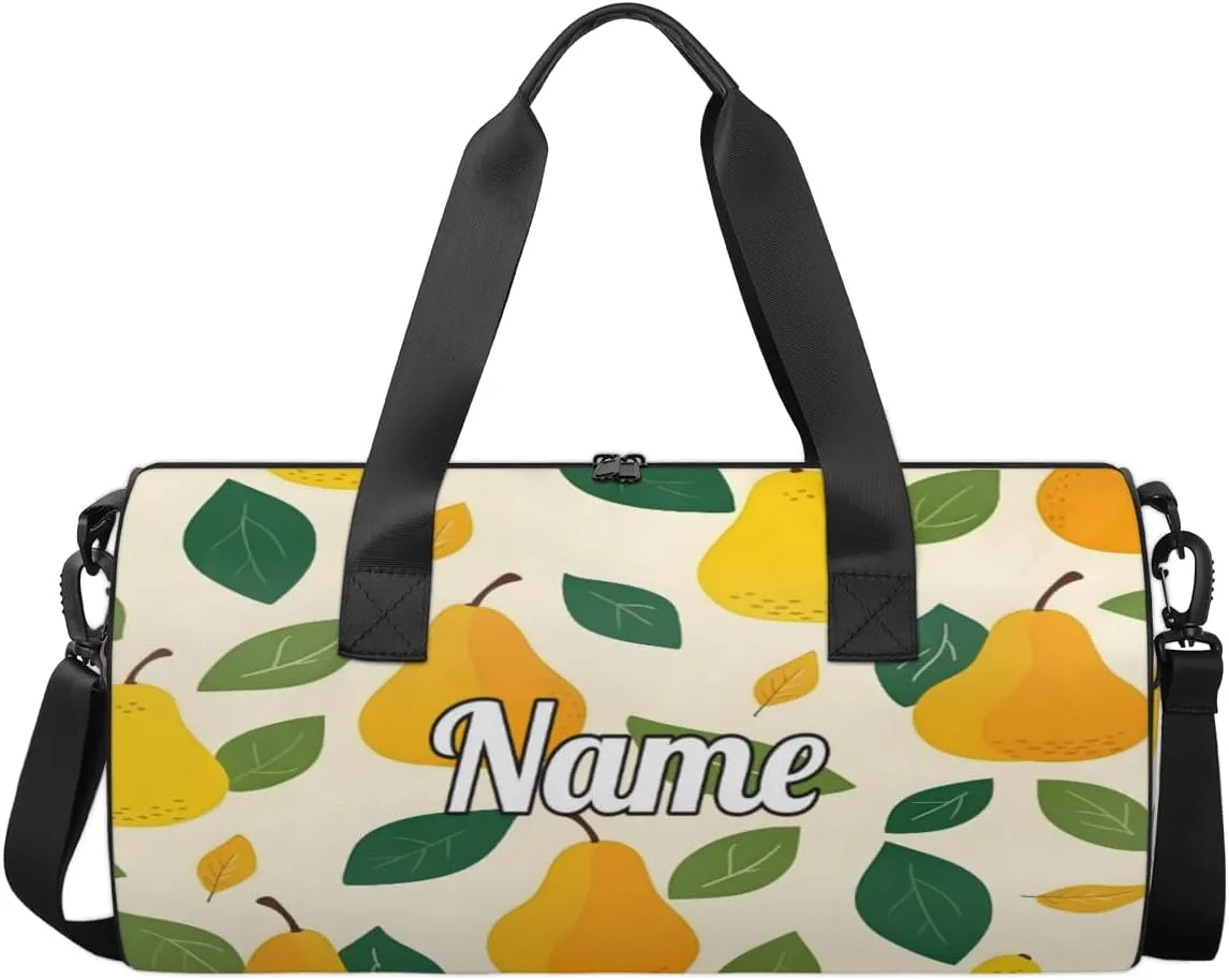 Personalized Sport Gym Bag Dance Duffle Ballet Bag Overnight Travel Sleepover Bags Swimming Hiking Camping, Yellow Pear Pattern