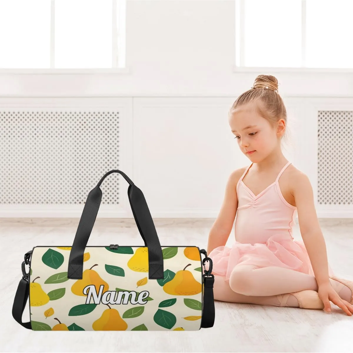 Personalized Sport Gym Bag Dance Duffle Ballet Bag Overnight Travel Sleepover Bags Swimming Hiking Camping, Yellow Pear Pattern