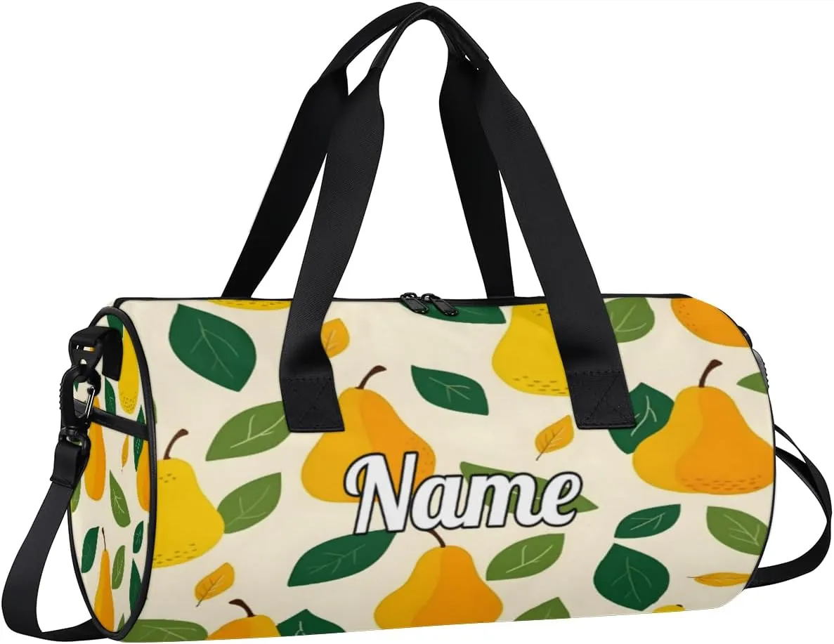 Personalized Sport Gym Bag Dance Duffle Ballet Bag Overnight Travel Sleepover Bags Swimming Hiking Camping, Yellow Pear Pattern