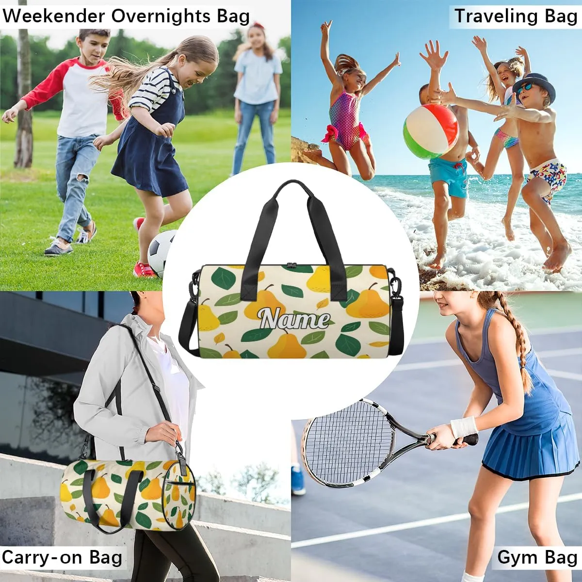 Personalized Sport Gym Bag Dance Duffle Ballet Bag Overnight Travel Sleepover Bags Swimming Hiking Camping, Yellow Pear Pattern