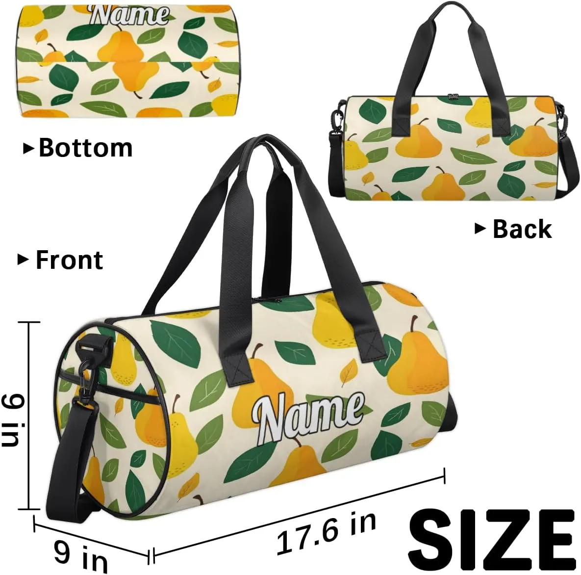 Personalized Sport Gym Bag Dance Duffle Ballet Bag Overnight Travel Sleepover Bags Swimming Hiking Camping, Yellow Pear Pattern