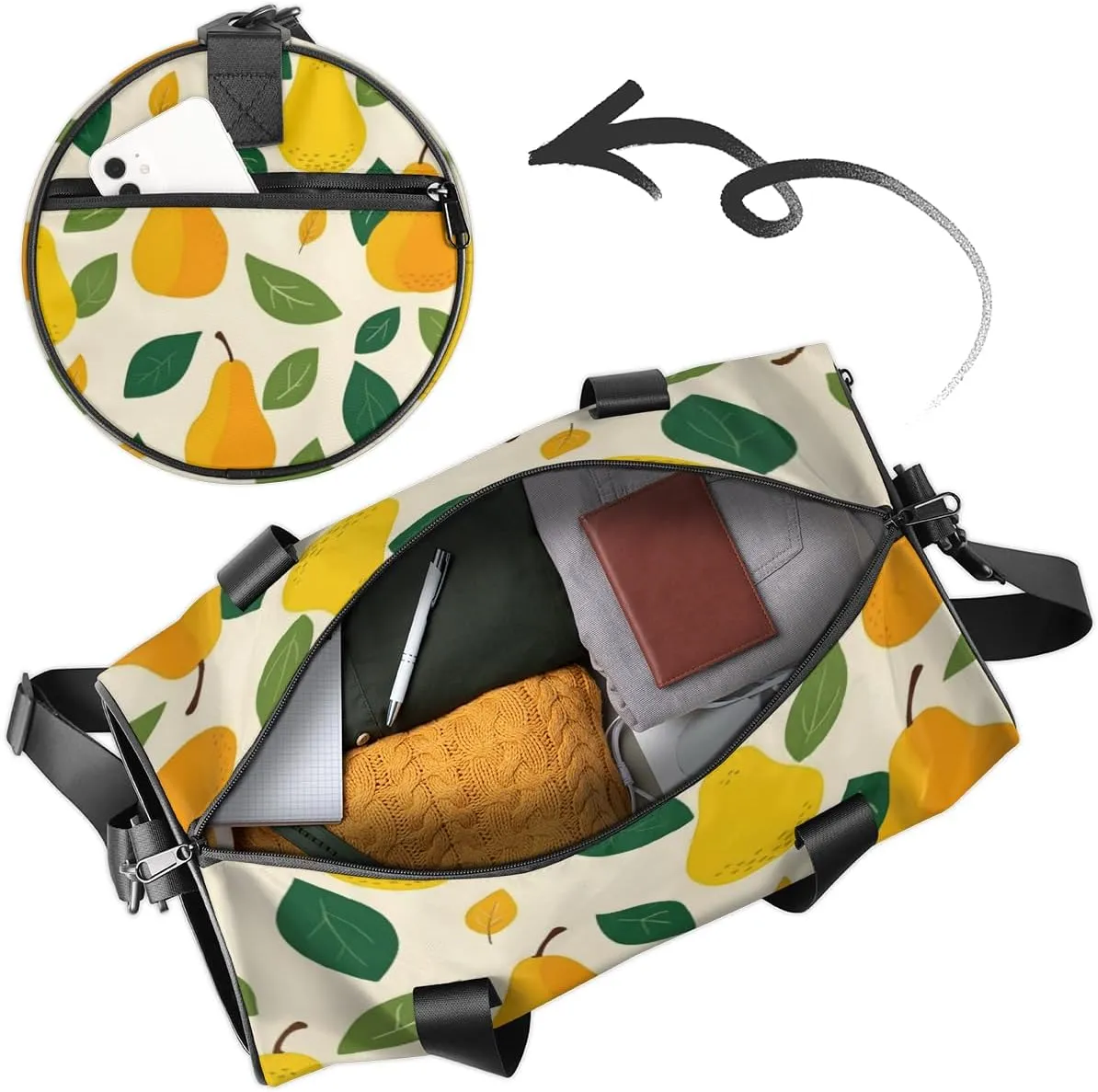 Personalized Sport Gym Bag Dance Duffle Ballet Bag Overnight Travel Sleepover Bags Swimming Hiking Camping, Yellow Pear Pattern