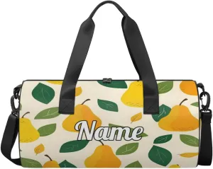 Personalized Sport Gym Bag Dance Duffle Ballet Bag Overnight Travel Sleepover Bags Swimming Hiking Camping, Yellow Pear Pattern