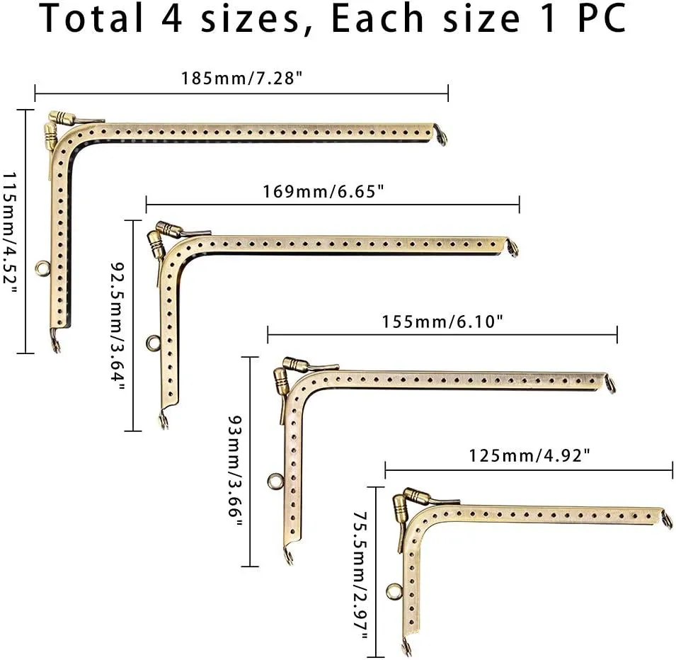 PH PandaHall 4 Size Purse Frame Kiss Clasp Lock, Retro Rectangle Metal DIY Bag Frames Sewing Clutch Handle Hardware Coin Purse Frames, Antique Bronze(8.5”, 7.5”, 7”, 5.7”)