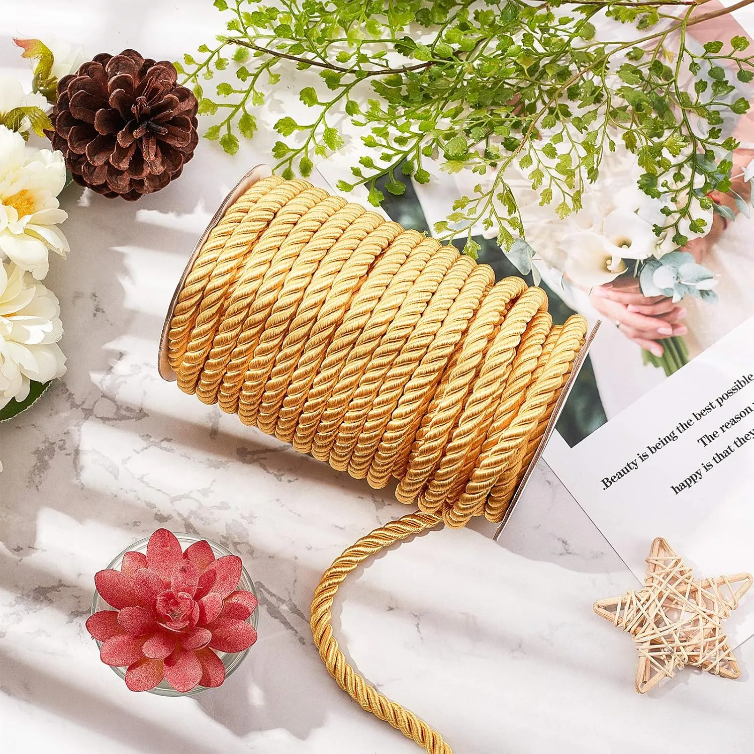 PH PandaHall 8mm 20 Yards Twisted Cord Trim Gold Decorative Rope Thread Silk Ropes Honor Cord Satin Shiny Cord for Sewing Curtain Tieback Upholstery Graduation Christmas Garland Handbags Handles