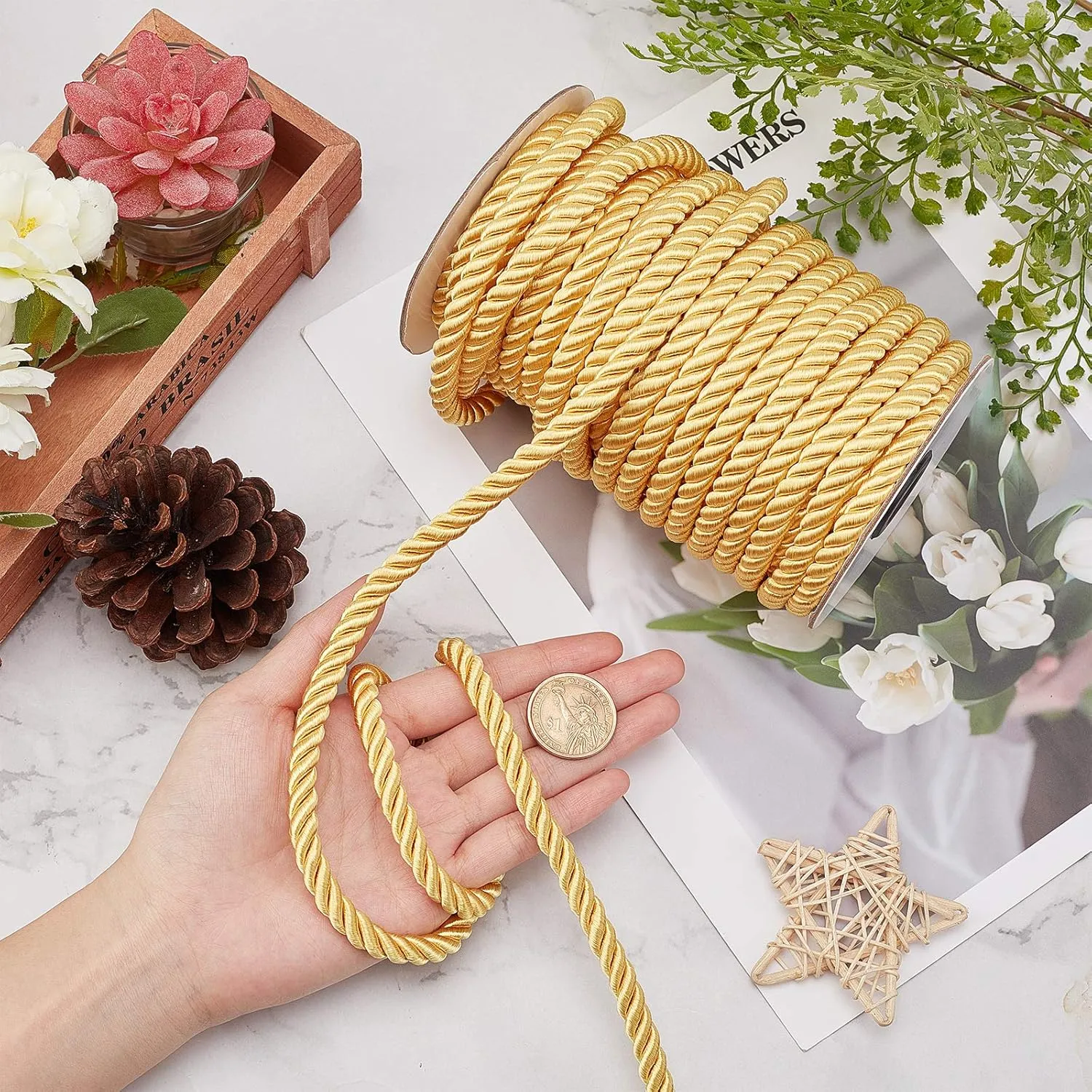 PH PandaHall 8mm 20 Yards Twisted Cord Trim Gold Decorative Rope Thread Silk Ropes Honor Cord Satin Shiny Cord for Sewing Curtain Tieback Upholstery Graduation Christmas Garland Handbags Handles