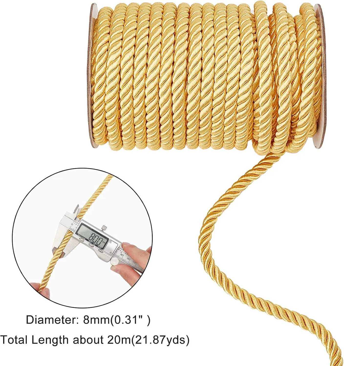 PH PandaHall 8mm 20 Yards Twisted Cord Trim Gold Decorative Rope Thread Silk Ropes Honor Cord Satin Shiny Cord for Sewing Curtain Tieback Upholstery Graduation Christmas Garland Handbags Handles