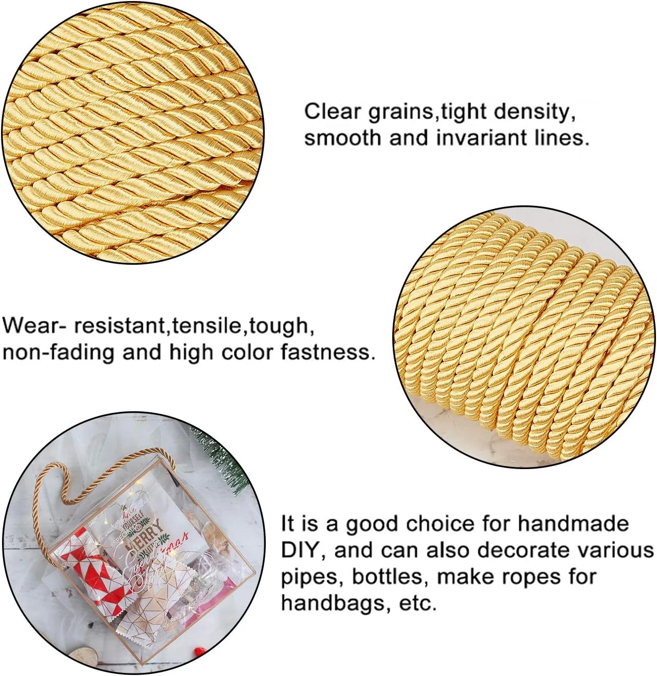 PH PandaHall 8mm 20 Yards Twisted Cord Trim Gold Decorative Rope Thread Silk Ropes Honor Cord Satin Shiny Cord for Sewing Curtain Tieback Upholstery Graduation Christmas Garland Handbags Handles