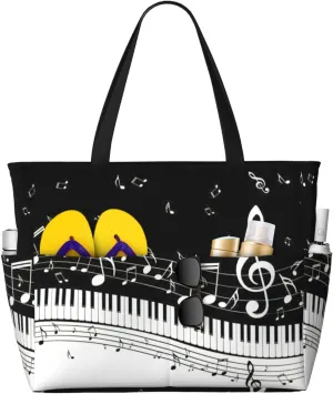 Piano Keys With Musical Notes Print Large Tote Bag For Women, Travel Shoulder Bag Handle Handbag For Gym, Work, Travel