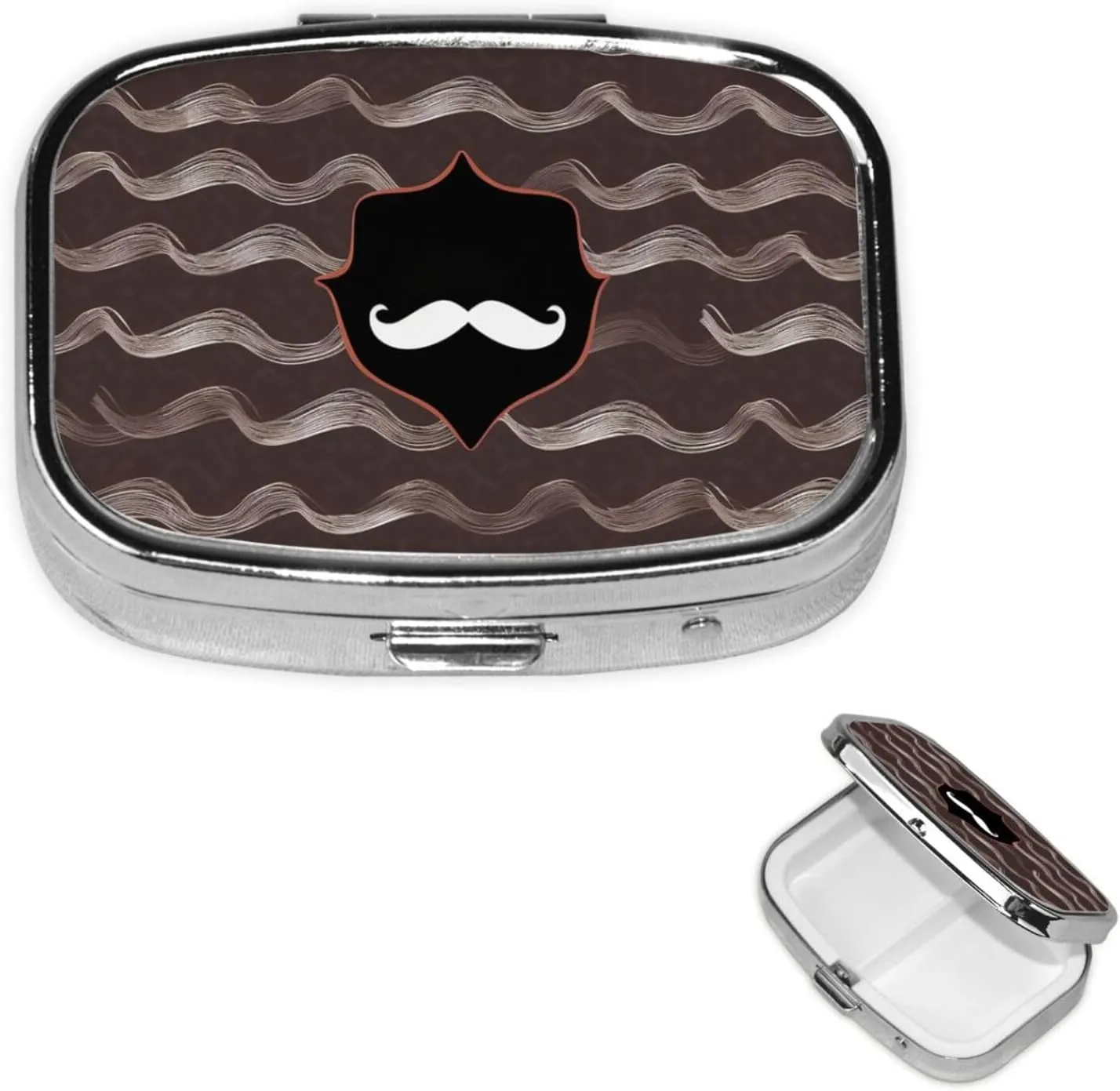 Pill Case with Mirror Retro 2 Compartment Pill Box Mustache Pattern Small Pill Organizer for Purse or Pocket Decorative Metal Medicine Vitamin Organizer Unique Gifts