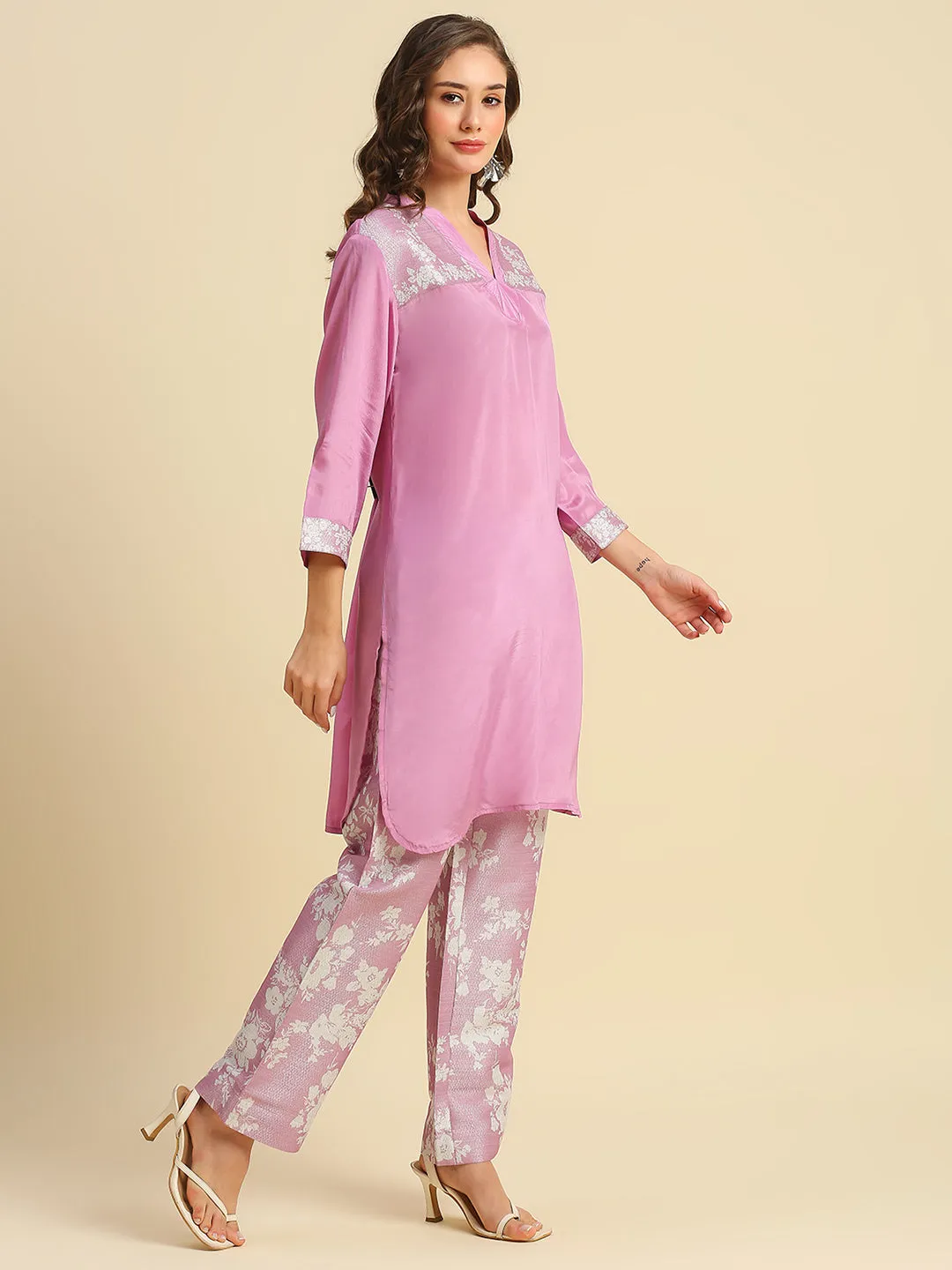 Pink Solid Top With Floral Printed Brocade Pant Set