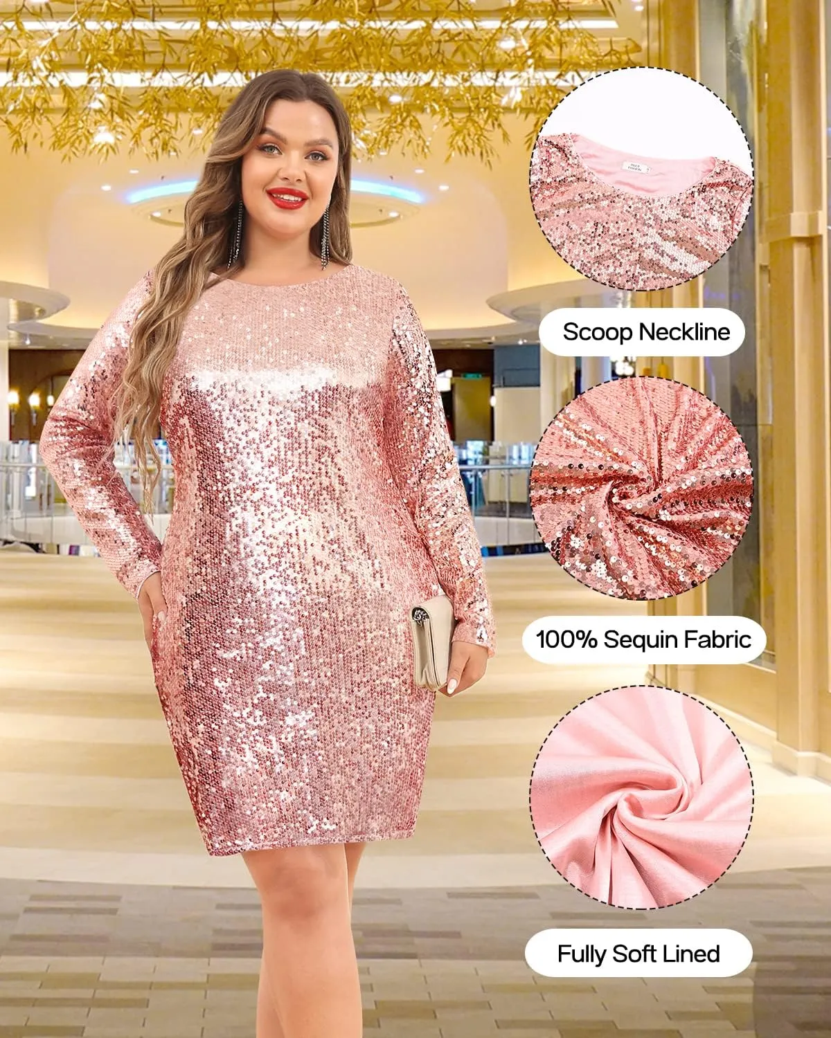 Plus Size Sequin Dresses Long Sleeve Party Sparkle Glitter Glitzy Glam Cocktail Club Mini Bodycon Dress