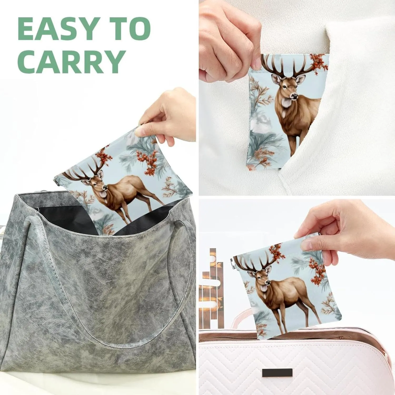 Pocket Cosmetic Bag Squeeze Top, Cute Christmas Elk-17 Waterproof Travel Makeup Bag for Purse, Portable Mini Makeup Pouch No Zipper for Women