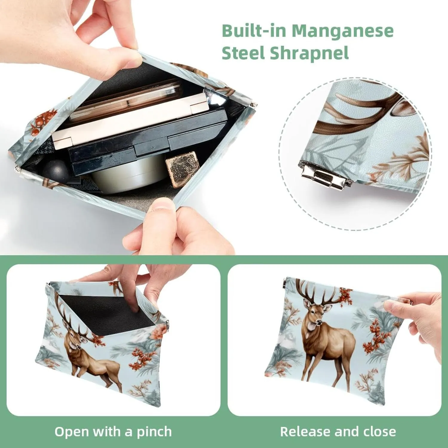 Pocket Cosmetic Bag Squeeze Top, Cute Christmas Elk-17 Waterproof Travel Makeup Bag for Purse, Portable Mini Makeup Pouch No Zipper for Women