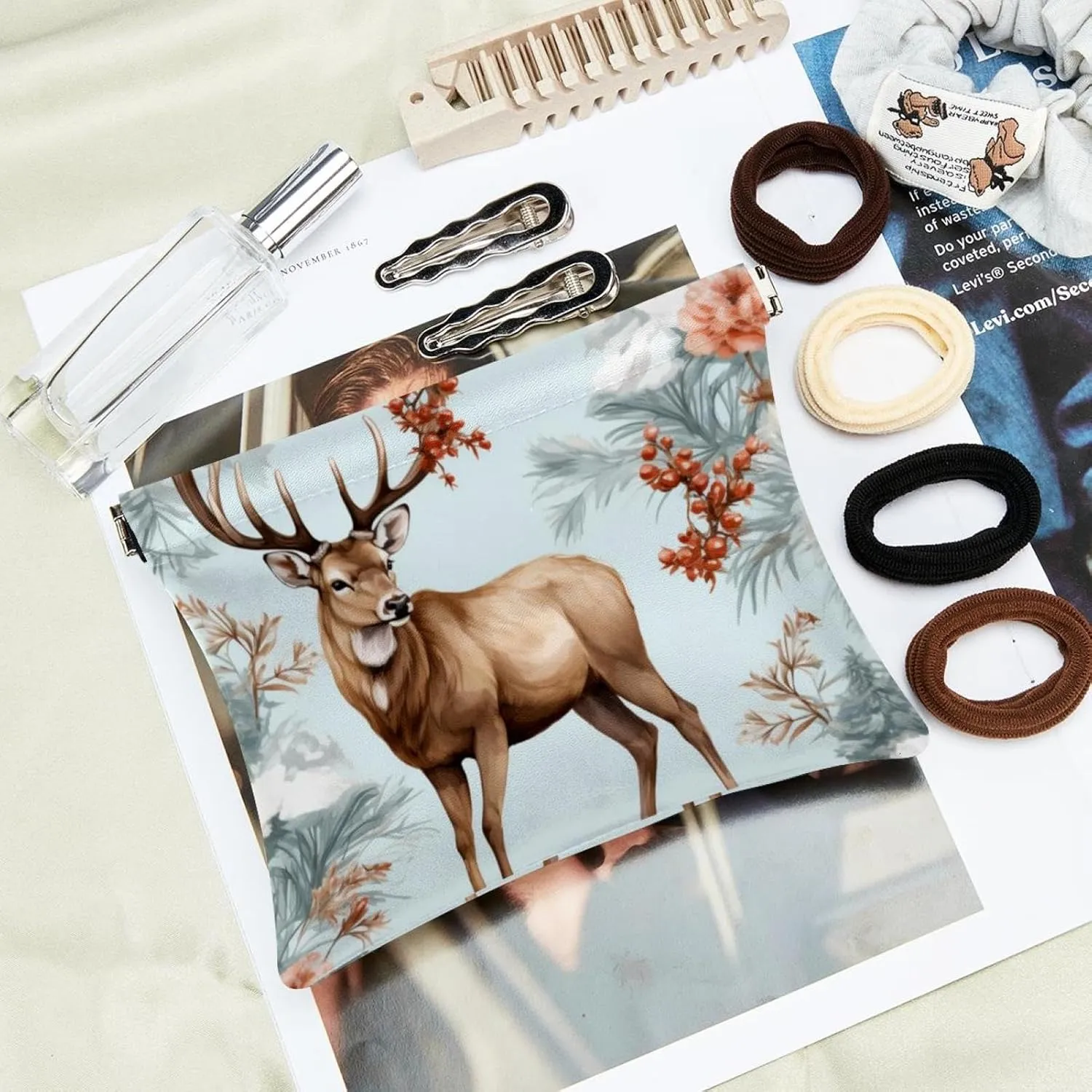 Pocket Cosmetic Bag Squeeze Top, Cute Christmas Elk-17 Waterproof Travel Makeup Bag for Purse, Portable Mini Makeup Pouch No Zipper for Women