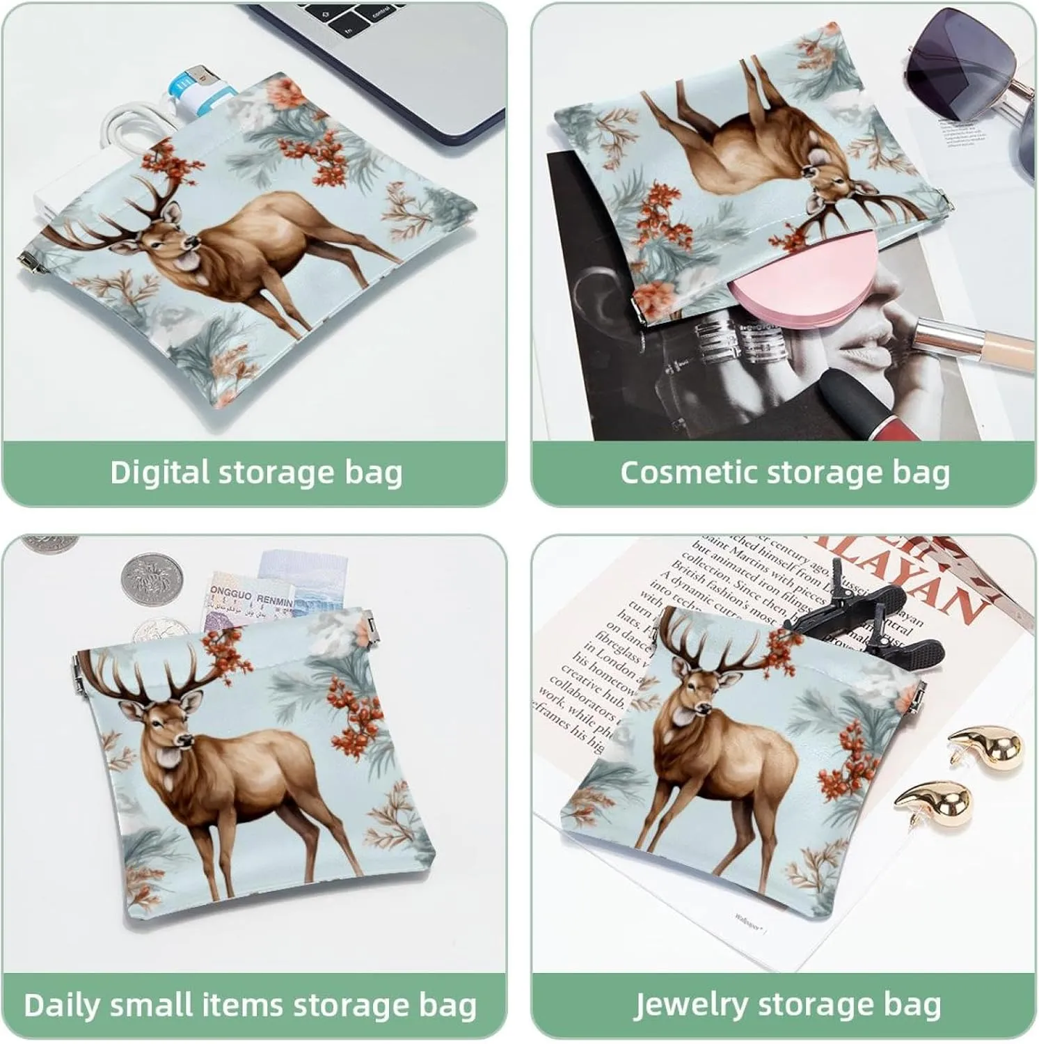 Pocket Cosmetic Bag Squeeze Top, Cute Christmas Elk-17 Waterproof Travel Makeup Bag for Purse, Portable Mini Makeup Pouch No Zipper for Women