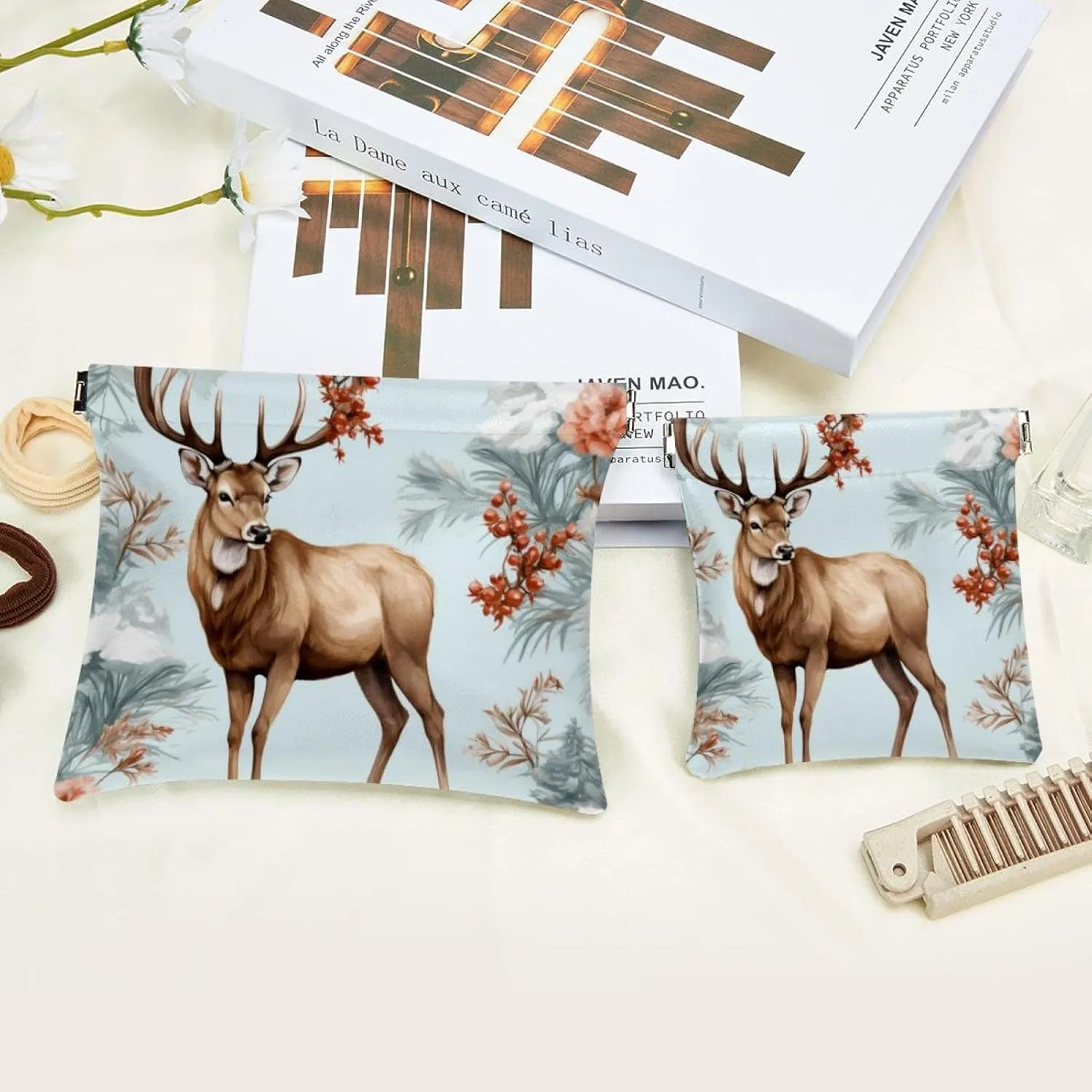 Pocket Cosmetic Bag Squeeze Top, Cute Christmas Elk-17 Waterproof Travel Makeup Bag for Purse, Portable Mini Makeup Pouch No Zipper for Women