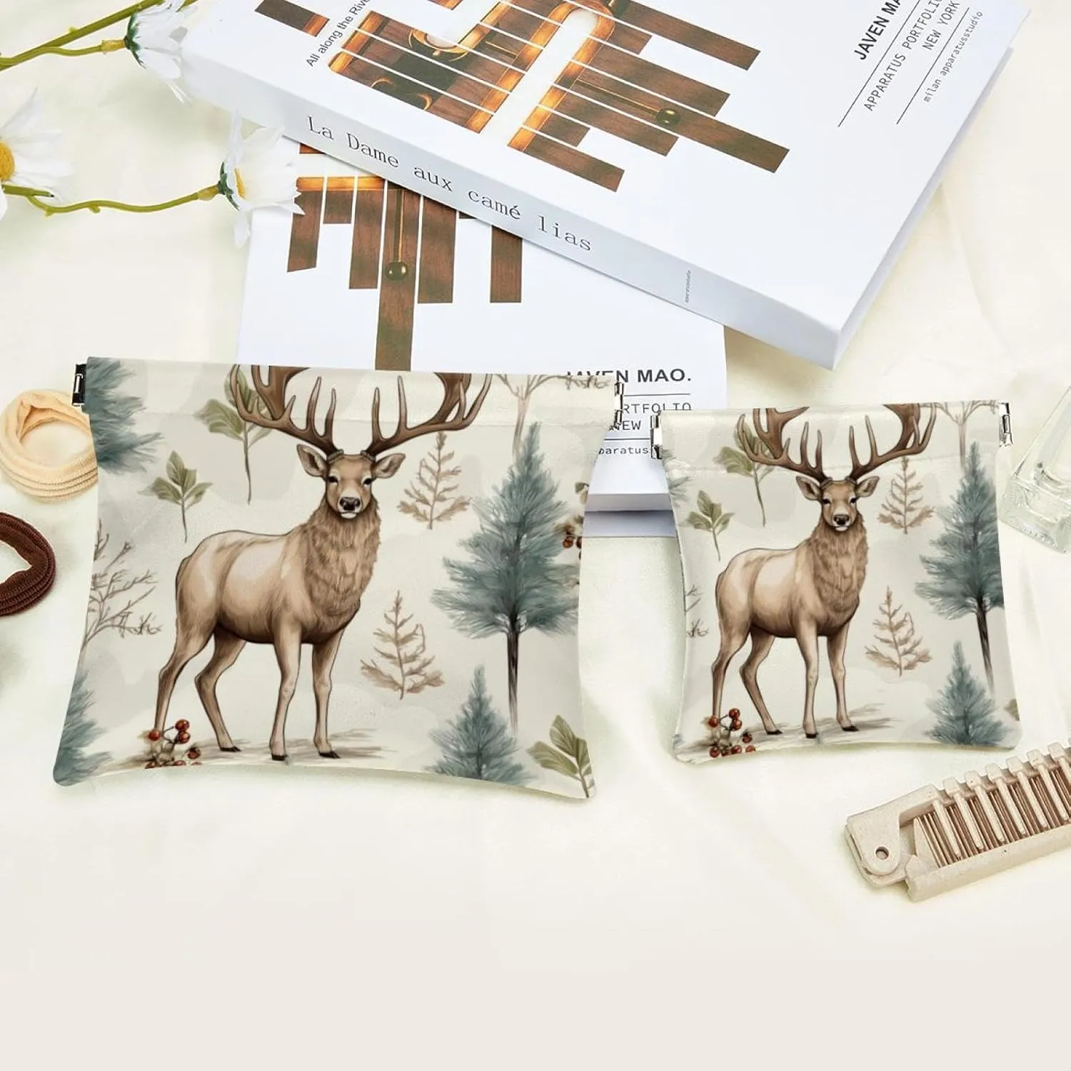 Pocket Cosmetic Bag Squeeze Top, Cute Christmas Elk-1845 Waterproof Travel Makeup Bag for Purse, Portable Mini Makeup Pouch No Zipper for Women