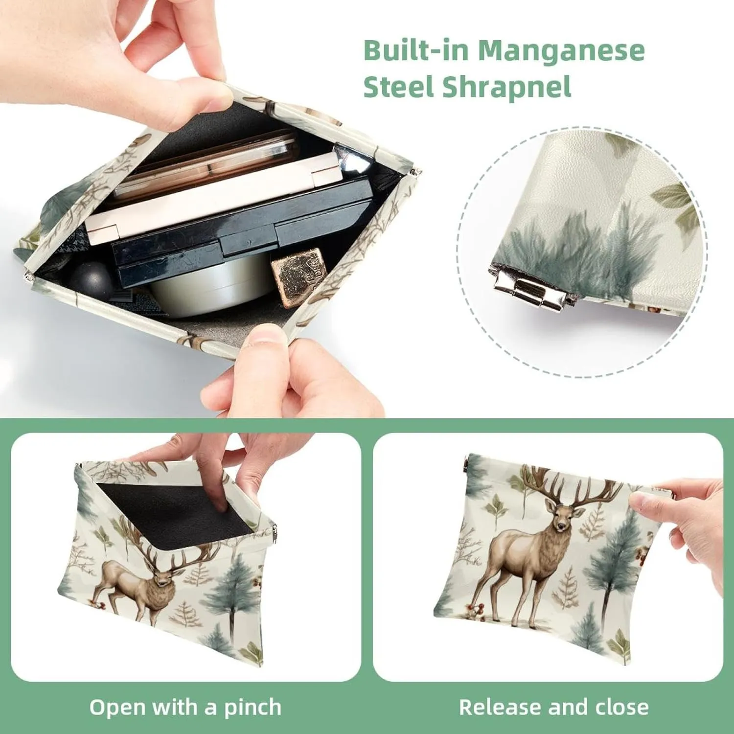 Pocket Cosmetic Bag Squeeze Top, Cute Christmas Elk-1845 Waterproof Travel Makeup Bag for Purse, Portable Mini Makeup Pouch No Zipper for Women