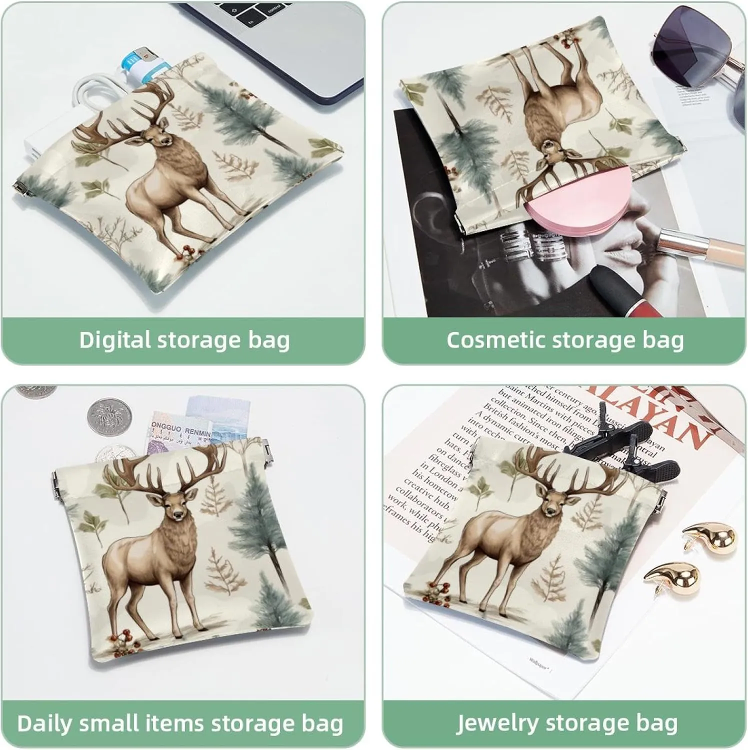 Pocket Cosmetic Bag Squeeze Top, Cute Christmas Elk-1845 Waterproof Travel Makeup Bag for Purse, Portable Mini Makeup Pouch No Zipper for Women