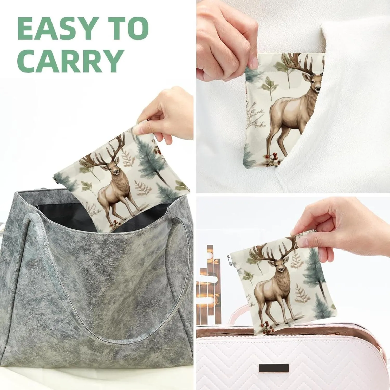 Pocket Cosmetic Bag Squeeze Top, Cute Christmas Elk-1845 Waterproof Travel Makeup Bag for Purse, Portable Mini Makeup Pouch No Zipper for Women