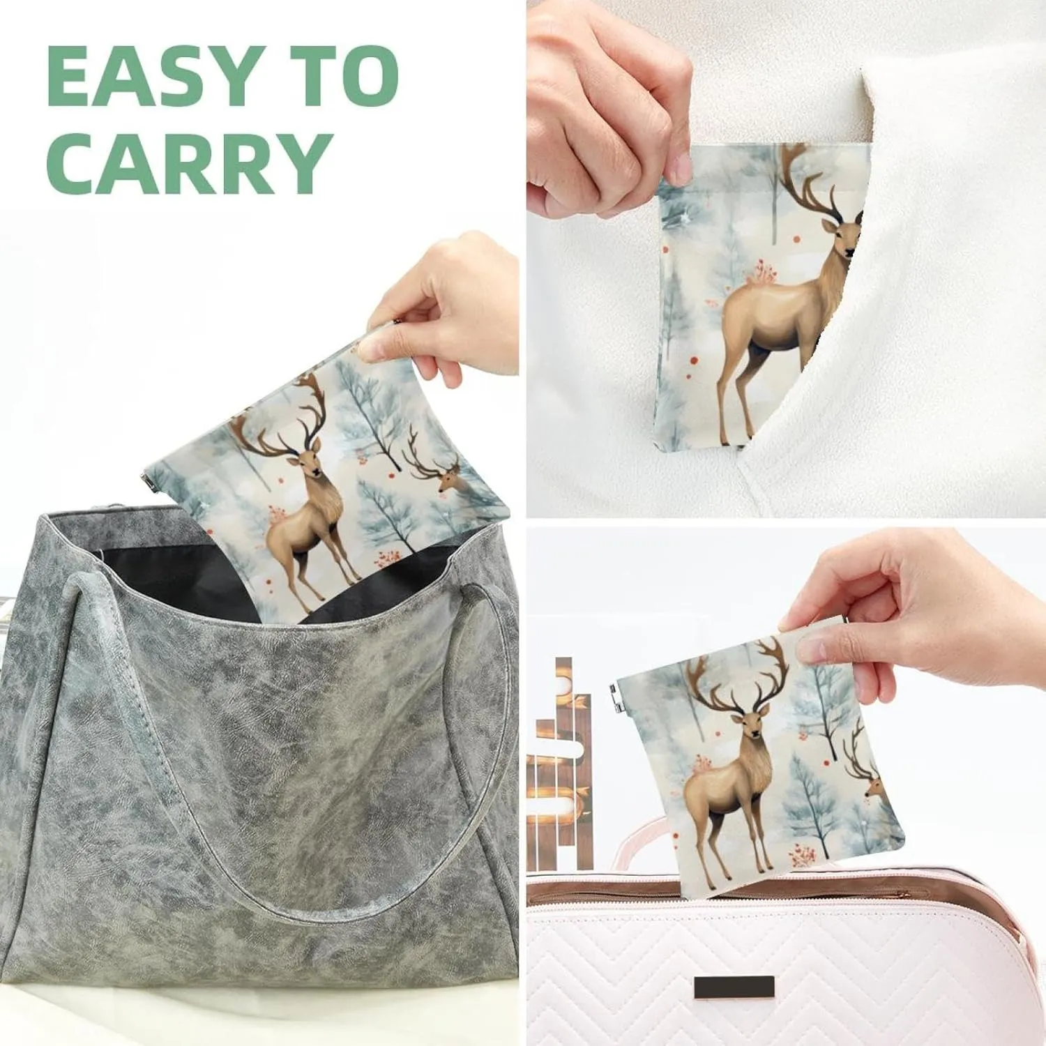 Pocket Cosmetic Bag Squeeze Top, Cute Christmas Elk-1853 Waterproof Travel Makeup Bag for Purse, Portable Mini Makeup Pouch No Zipper for Women