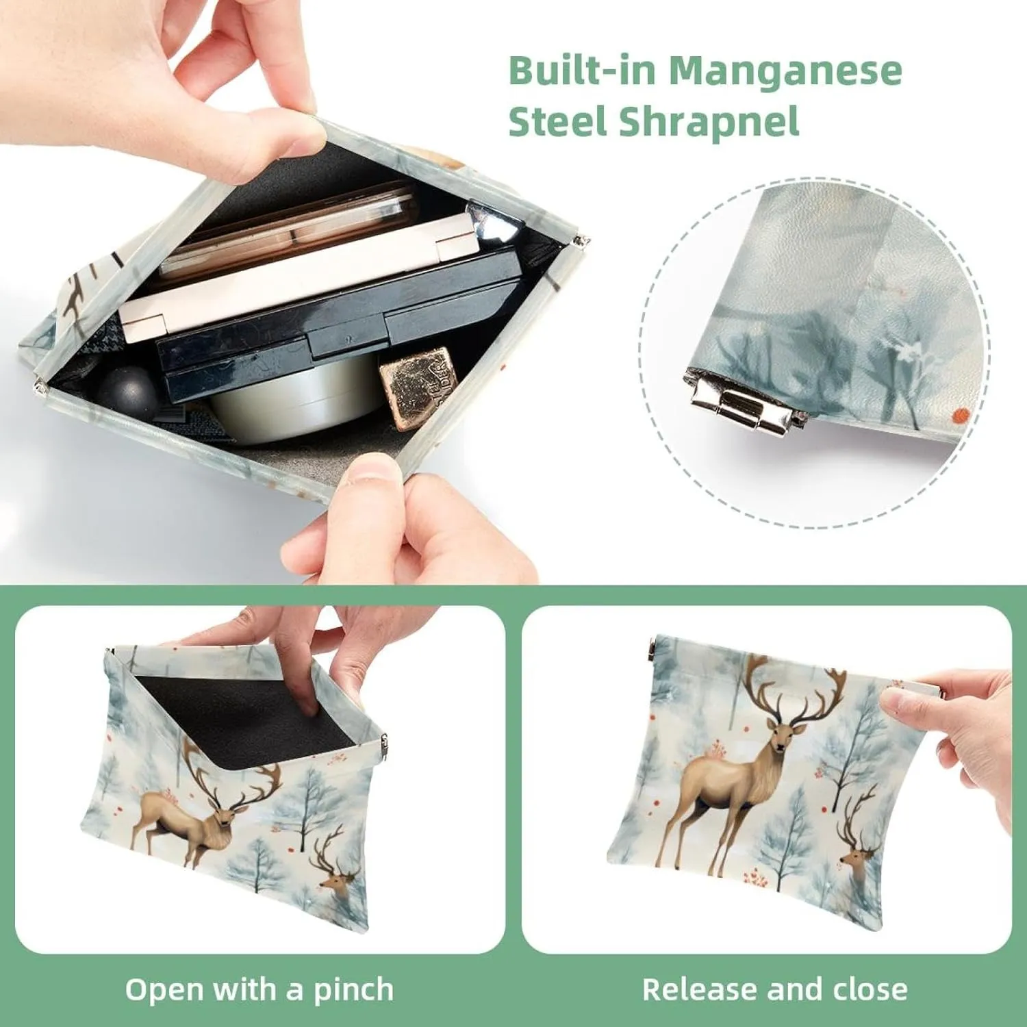 Pocket Cosmetic Bag Squeeze Top, Cute Christmas Elk-1853 Waterproof Travel Makeup Bag for Purse, Portable Mini Makeup Pouch No Zipper for Women