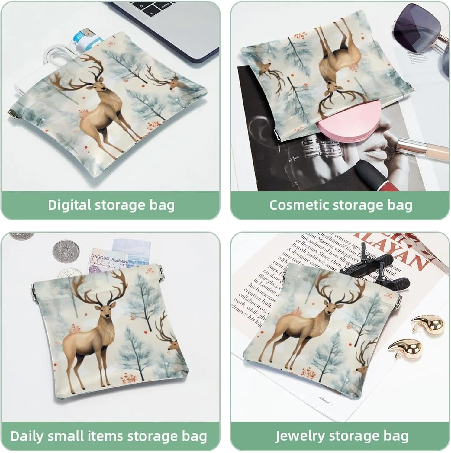 Pocket Cosmetic Bag Squeeze Top, Cute Christmas Elk-1853 Waterproof Travel Makeup Bag for Purse, Portable Mini Makeup Pouch No Zipper for Women