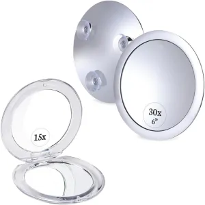 Pocket-Sized Compact 15X Magnifying Makeup Mirror - Handheld, Foldable & Lightweight & Mega-Powerful 30X Magnifying Makeup Mirror - Stick On, Portable Cosmetic Mirror for Precise Makeup Bundle