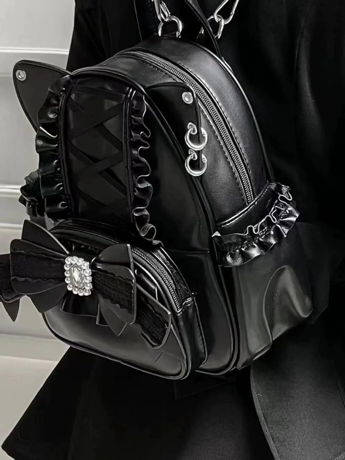 Pokn Jirai Kei Kawaii Bag Gothic Cute Bag Mini Leather Backpack Fashion Small Daypacks Purse for Women Cutecore (Black)